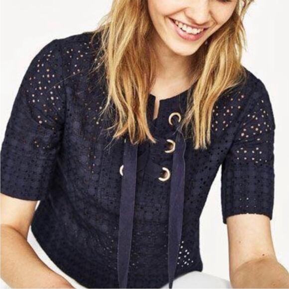 Zara Tops - Zara Eyelet Lace Up Short Sleeve Crop Top Navy Blue Size Small